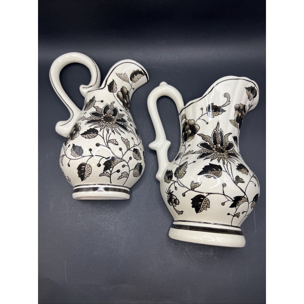 Pair Vintage Black White Floral Wall Pocket Vases Pitcher Hanging Ceramic 8.5"